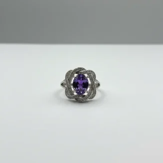 Elegant Oval Amethyst Purple Ring with Twisted Pave Band – Romantic Silver Jewelry