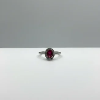 Dainty Ruby Red Oval Ring with Diamond Halo – Classic Silver Promise Jewelry